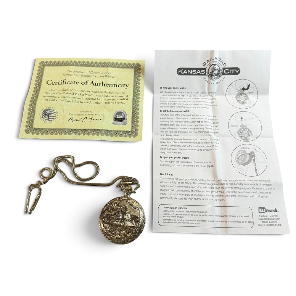 American Historic Society Kansas City Railroad Pocket Watch Gold Tone Quartz